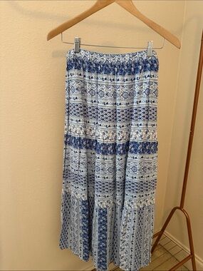 LOFT Navy and White Printed Tiered Maxi Skirt